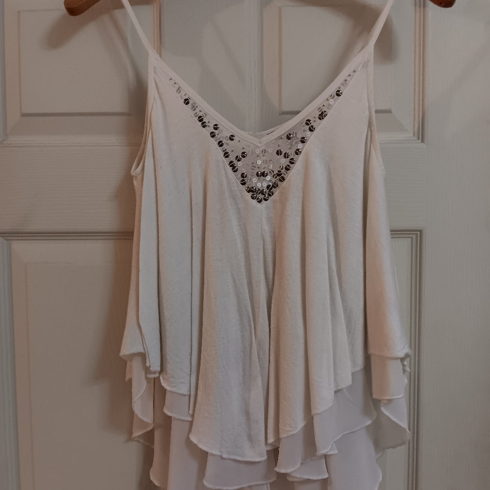 Express Cream With Siver & Gunmetal Gray Sequins Flowy Cami Tank Top